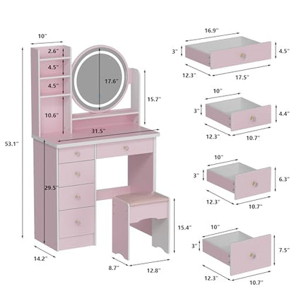 ECACAD Vanity Desk Set with LED Lighted Round Mirror, Makeup Dressing Table with 5 Drawers, Storage Shelves & Cushioned Stool for Bedroom, Pink - style: Pink-With Light