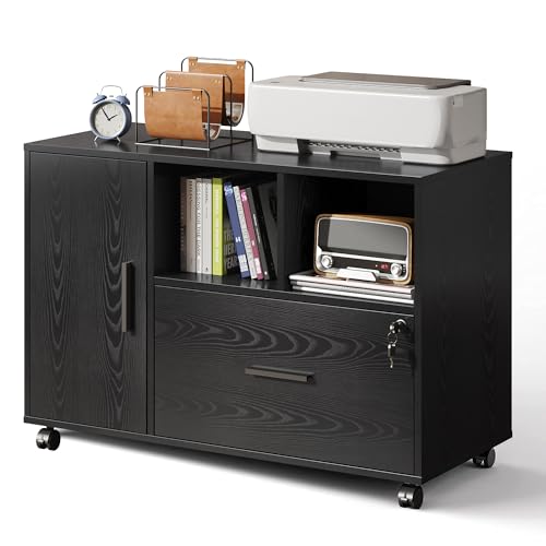 DEVAISE Printer Stand with Storage, Mobile Wood File Cabinet, Black | Locking & Rolling, Lateral Filing Cabinet, Doors and Shelves, Fits Legal/letter/A4, for Home Office, Study - color: Black, style: Modern