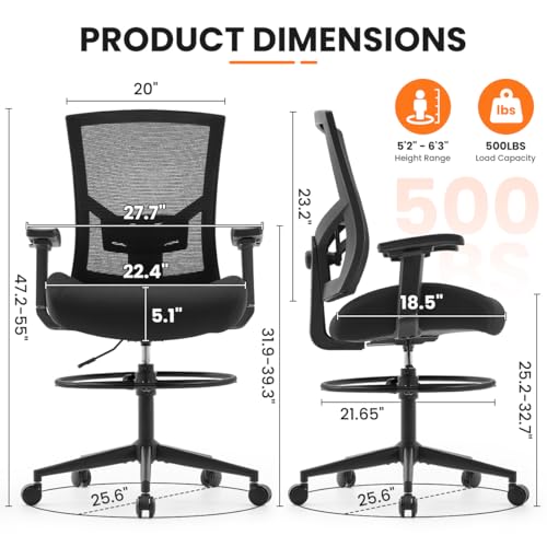 500lbs Drafting Chair,Big and Tall Office Chair for Standing Desk with Wide Seat,2D Adjustable Lumbar Support,Ergonomic Office Chair with Footrest for Home,Drawing or Counter Height Use