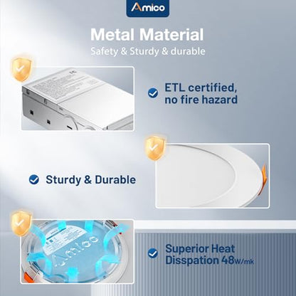 Amico 12 Pack 4 Inch LED Recessed Lighting, Canless Wafer Downlight, White | 5CCT 2700K-5000K, 5%-100% Dimmable, Ultra-thin, Metal housing, 800LM 11W 120V, IC & Damp Rated, ETL & FCC, 50000h Life Span - color: White, size: 4 Inch