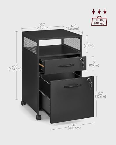 VASAGLE File Cabinet, Mobile Filing Cabinet with Wheels, 2 Lockable Drawers, Open Shelf, for A4, Letter Size, Hanging File Folders, Ink Black UOFC077B16 - color: Ink Black, size: 2 Drawers With Lock and Fences
