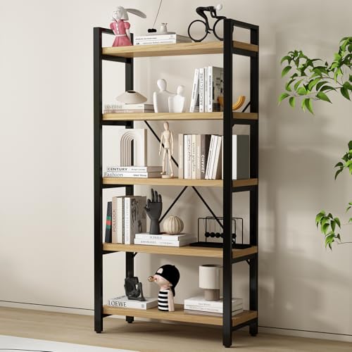 WH-AOERPUMY Real Solid Wood Bookshelf Shelves Rustic Vintage Industrial Etagere Bookshelf, Metal & Timber Free Vintage Bookcase, (Genuine Timber) (5-Tiers-Natural Finish) - size: 5-Tiers-Natural finish