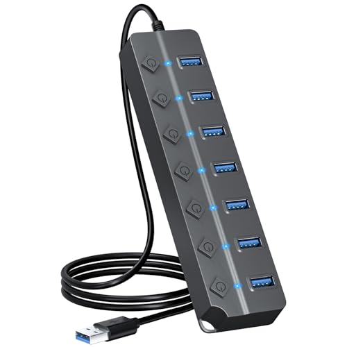 USB Hub 7 Port, USB Splitter with Individual On/Off Switches and Lights - color: Gray