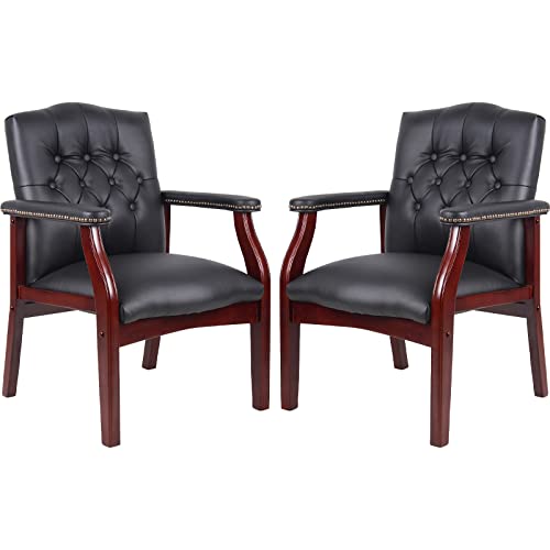 Black Leather Office Chairs Set of 2 -Ergonomic Executive Guest Chairs for Reception, Multi-Scene Use (Waiting Room, Meeting, Conference, Lobby, Conference, Church) High Back No Wheels with Arm Design - color: 2 Unit