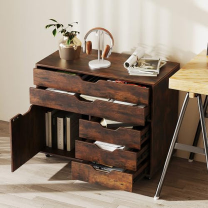 POWERSTONE Rolling File Cabinet 5-Drawer & One Side Door Storage Unit, Wood Printer Stand Drawer Cabinet with 5 Metal Wheels(2 Self-Locking) for Home Office, Coffee - color: Coffee