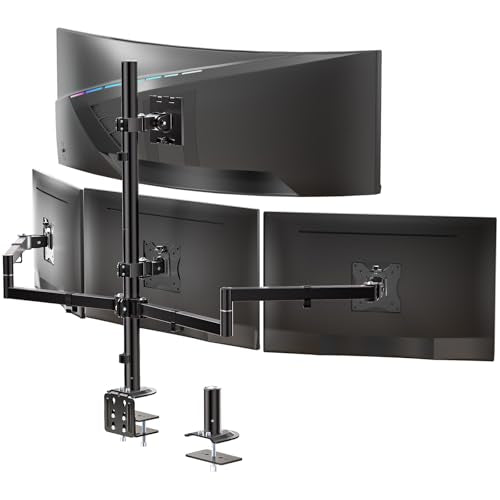 WALI Stacked 4 Monitor Mount for 49" UItrawides and Three 27" Monitors | Tall Quad Monitor Stand up to 44 lbs，Full Motion with Tilt, Swivel, C-Clamp & Grommet Base, VESA 75/100mm (M004S-P), Black - size: 13"-49", style: Quad