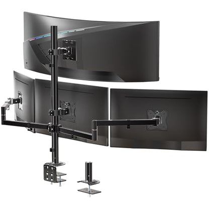 WALI Stacked 4 Monitor Mount for 49" UItrawides and Three 27" Monitors | Tall Quad Monitor Stand up to 44 lbs，Full Motion with Tilt, Swivel, C-Clamp & Grommet Base, VESA 75/100mm (M004S-P), Black - size: 13"-49", style: Quad