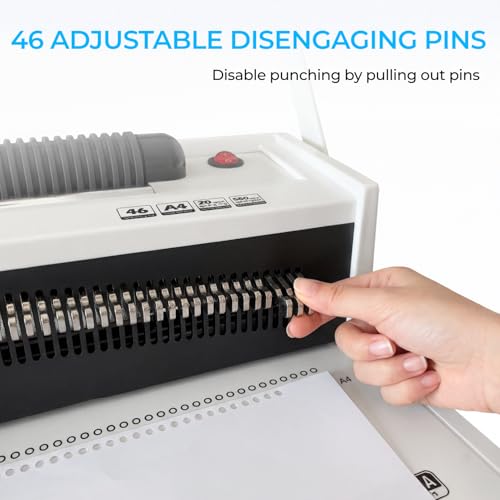 Spiral Binding Machine with Electric Coil Inserter, 20-Sheet Punch | 4:1 Pitch, 46 Fully Disengageable Pins, Binds up to 500 Sheets, 100 Coils, Crimping Pliers, Letter A4 A5 Legal