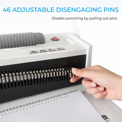 Spiral Binding Machine with Electric Coil Inserter, 20-Sheet Punch | 4:1 Pitch, 46 Fully Disengageable Pins, Binds up to 500 Sheets, 100 Coils, Crimping Pliers, Letter A4 A5 Legal