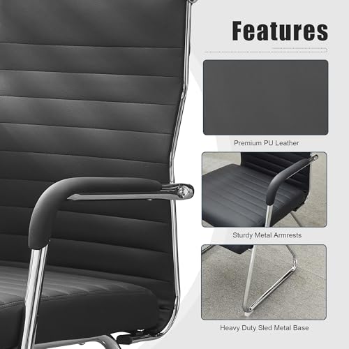 Okeysen Office Guest Chairs Set of 4, Modern Leather Reception Chairs with Mid Back & Sled Base, No-Wheel Desk Chairs for Waiting Room & Conference Room - color: Black Leather/Silver Frame, size: Set of 4