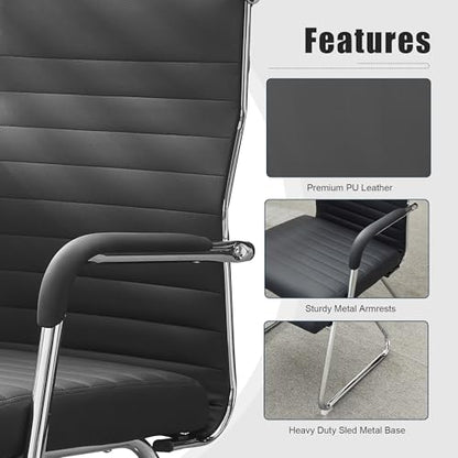 Okeysen Office Guest Chairs Set of 4, Modern Leather Reception Chairs with Mid Back & Sled Base, No-Wheel Desk Chairs for Waiting Room & Conference Room - color: Black Leather/Silver Frame, size: Set of 4