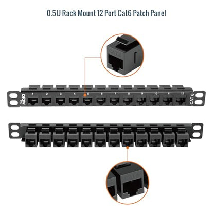 Tecmojo 12-Port Cat6 Patch Panel, 0.5U Rack Mount Modular Panel with Keystone Coupler, for 10" Server Rack & Network Cabinet, Gigabit Ethernet, Black - size: 12-Port Cat6 Patch Panel