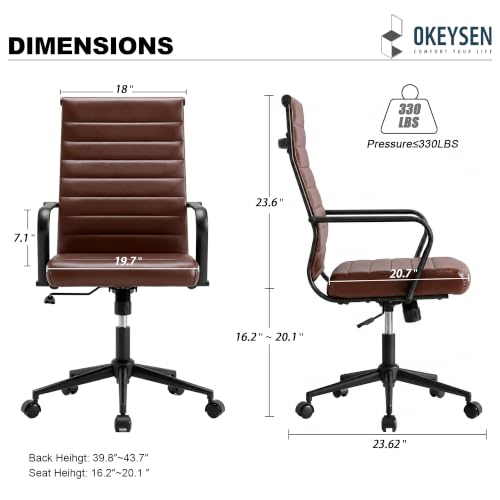 Okeysen Leather Office Desk Chair, Mid-Century Modern Leather Conference Room Chairs, Ergonomic Executive Ribbed Height Adjustable Swivel Rolling Chair for Home Office. - color: Reddish Brown