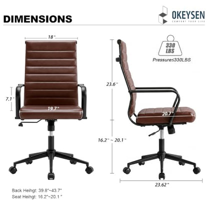 Okeysen Leather Office Desk Chair, Mid-Century Modern Leather Conference Room Chairs, Ergonomic Executive Ribbed Height Adjustable Swivel Rolling Chair for Home Office. - color: Reddish Brown