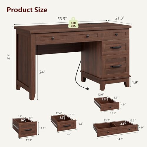 53.5" Executive Desk with Power Outlet, Home Office Desk with Drawers, Wooden Work Desk with File Cabinet, Computer Desk for Work, Study, Writing, Brown - color: Brown