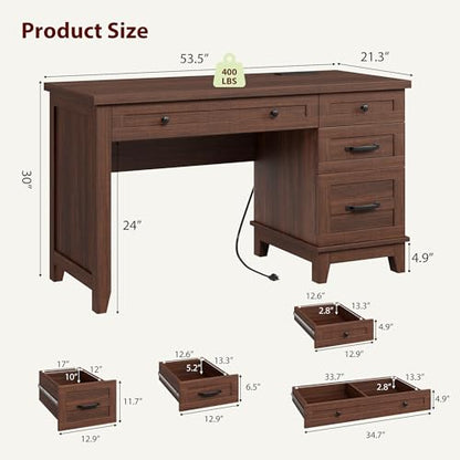 53.5" Executive Desk with Power Outlet, Home Office Desk with Drawers, Wooden Work Desk with File Cabinet, Computer Desk for Work, Study, Writing, Brown - color: Brown