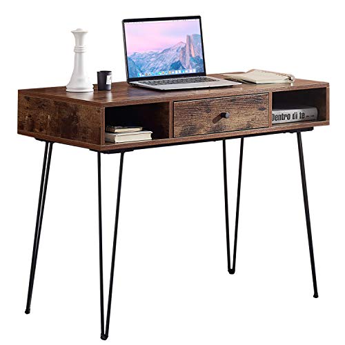 VECELO 39.3" Home Office Work Table with Drawers,Computer Desk with Hairpin Leg for Writing/Study,Retro Brown - color: Retro Brown
