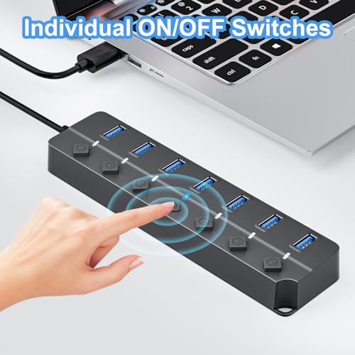 USB Hub 7 Port, USB Splitter with Individual On/Off Switches and Lights - color: Gray