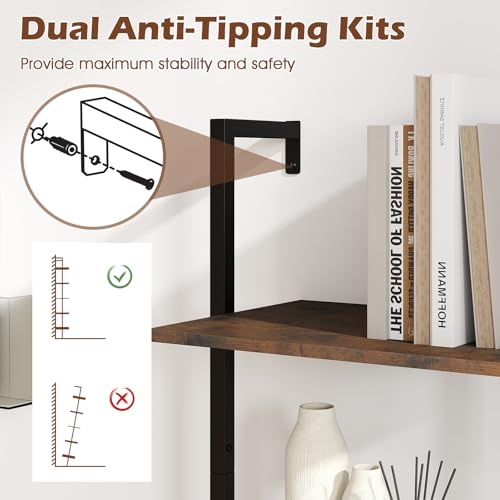 GIANTEX 5 Tier Ladder Shelf, Wall Mount Bookshelf with Anti-Tipping Kits & Metal Frame, Industrial Decorative Bookcase, Vertical Open Storage Display Shelf for Living Room Bedroom Home Office (1)