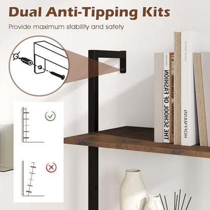 GIANTEX 5 Tier Ladder Shelf, Wall Mount Bookshelf with Anti-Tipping Kits & Metal Frame, Industrial Decorative Bookcase, Vertical Open Storage Display Shelf for Living Room Bedroom Home Office (1)