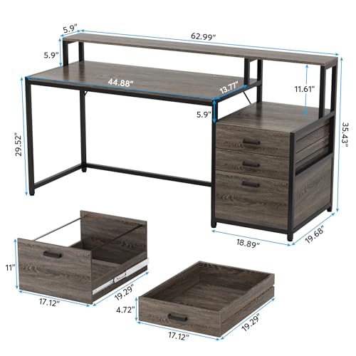 Tribesigns 63 Inch Computer Desk with File Drawer Cabinet, Home Office Desk - color: Grey