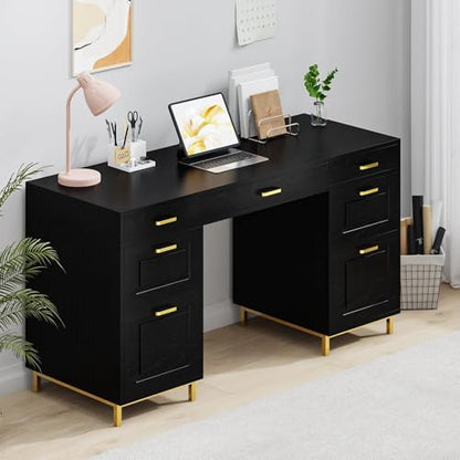 MaverickFurni Black Computer Desk with 7 Drawers, 57 Inch Home Office Desk with File Drawers, Wood Modern Desk with Storage for Bedroom, Executive Desk with Golden Legs and Handles, Black and Gold - color: Black