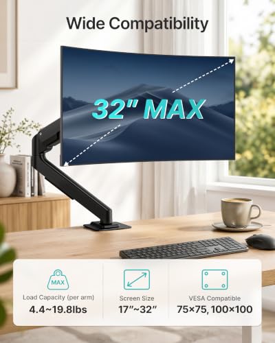 Single Monitor Arm for 17-32 Inch Screens, Full Motion Desk Mount | Ultrawide Monitor Stand Holds up to 19.8 lbs,for 75/100mm VESA Mount with Clamp and Grommet Base, for Home Office Gaming - style: Single Monitor Arm