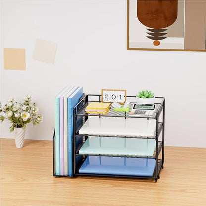 Marbrasse 4-Tier Paper Tray Organizer with File Holder, Black | Sturdy Paper Tray, Built-in File Holder, fits Letters/Docs, Saves Desk Space, for School/Office/Home - color: Black