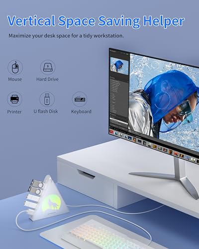 7 Port USB Hub, JoyReken USB 3.0 Hub with 2 FT Long Cable, Vertical USB Extension Hub for Laptop, MacBook, Flash Drive, XPS, PC, Flash Drive, Game Console, Printer, Camera,Keyborad, Mouse (White) - color: white