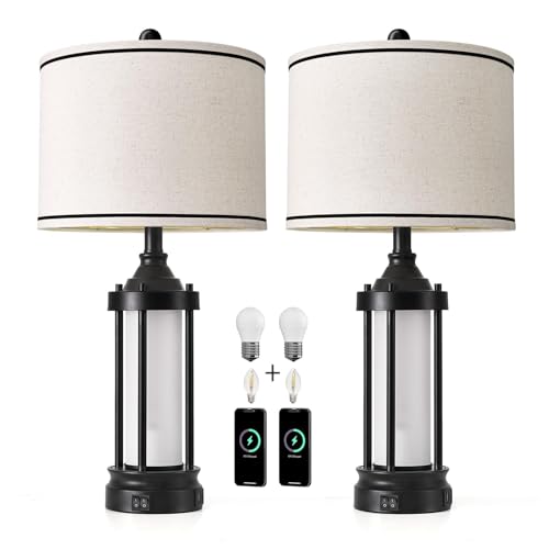 25'' Table Lamps for Bedroom Living Room Lamps Set of 2 Farmhouse Nightstand Bedside Lamps with USB Ports, Built-In Frosted Glass Night Light Industrial Metal Night Stand Lamp, Bulbs Included, Black - color: Metal Black - Set of Two