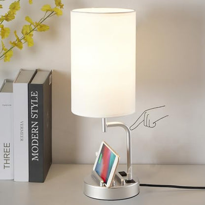 Dreamholder Touch Control USB Table Lamp, Upgraded 3-Way Dimmable Bedside Desk Lamp with USB C & A Charging Ports and AC Outlet, Nightstand Lamp for Bedroom, Dimmable Bulb Included, Silver - style: White shade+Silver base