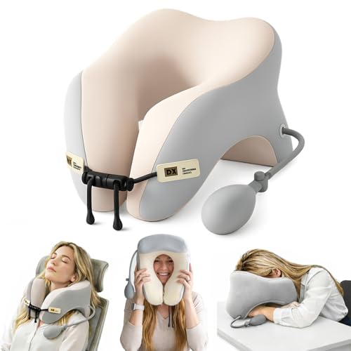 Desk Pillow for Napping, Neck Pillow for Office Chair Headrest, Neck Support Pillows for Desk Sleeping, Inflatable Neck Pillow for Work/Travel/Airplane, Face Down Pillow, Adjustable Height (Beige) - color: Beige