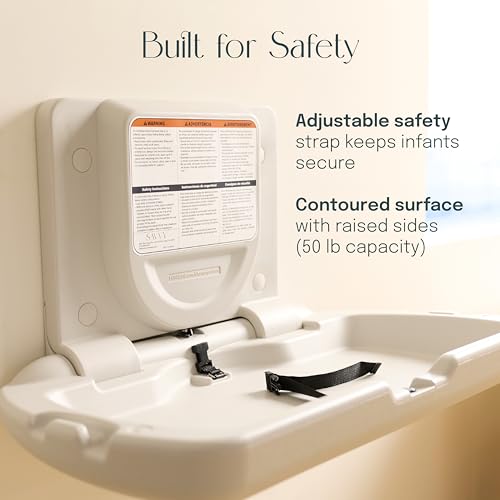 SlimFold Commercial Baby Changing Station, Wall-Mounted, White Granite | High-density plastic, pneumatic mechanism, 50 lb capacity, ASTM, ADA compliant, diaper bag hooks, for commercial restroom use