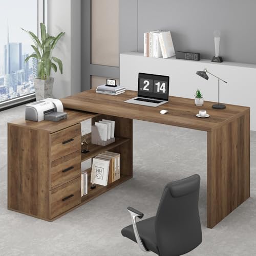 HSH Rustic L Shaped Computer Corner Desk with 3 Storage Drawers 55 inch | Reversible Home Office Corner Desk with 2 Open Side Shelves Modern Wood Executive L Desks for Bedroom,Study Workstation - color: Rustic Oak, size: 55 Inch
