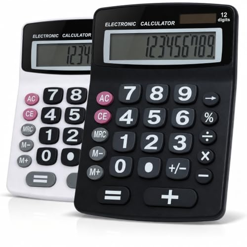 Lily's Home Jumbo 12-Digit Desktop Calculator Set of 2 (Black & White), Solar/Battery Dual Power, Large Tilted LCD Display, Big Button Design, Quiet Operation, for Office, School, Business & Home Use - color: Black&White