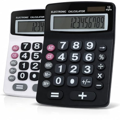 Lily's Home Jumbo 12-Digit Desktop Calculator Set of 2 (Black & White), Solar/Battery Dual Power, Large Tilted LCD Display, Big Button Design, Quiet Operation, for Office, School, Business & Home Use - color: Black&White