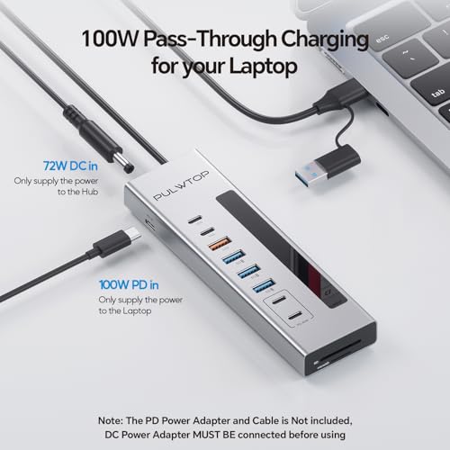 Powered USB C Hub 11-in-1 USB Hub with 2 * 24/45W Type-C PD Charging Ports | PULWTOP USB Powered Hub with SD/TF, 2*USB-C 10Gbps, 4*USB-A 5/10Gbps (72W DC Adapter Included) Not Support Video