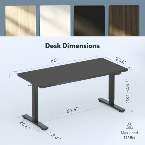 FLEXISPOT 60"x24" Electric Standing Desk, Black | One-Piece Desktop, 1" Thick Top, Height Adjustable, Stable Steel Frame, Home Office & Multi-Monitor Setup - color: Black, size: 60x24"