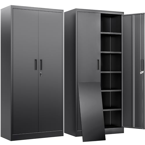BESFUR Metal Storage Cabinet with 2 Doors and 5 Adjustable Shelves Garage Storage Cabinet with Lock 71" Office Storage Cabinets Locking Cabinets for Garage Office Shop Home (Black) - color: Black, size: 71"H x 31.5"W x 15.7"D