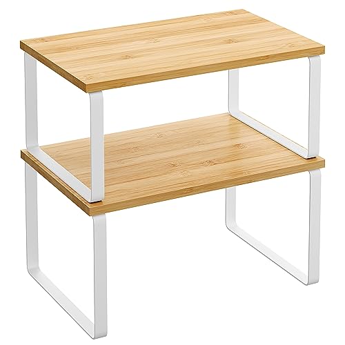 SONGMICS Cabinet Organizer Shelf, Set of 2 Kitchen Counter Shelves, Kitchen Storage, Spice Rack, Stackable, Expandable, Metal and Engineered Wood, 11.7 Inches, Cloud White and Natural Beige UKCS02NW - color: Cloud White + Natural Beige, size: 11.7"w