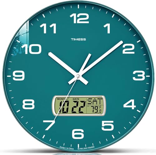 Wall Clock, 13" Dial Non-Ticking Silent Battery Operated Analog with LCD Display for Perpetual Calendar and F° Temperature, Ideal Modern Home, Office Decor (Green) | Perpetual calendar, Fahrenheit temperature, easy-to-read analog dial, battery operated, i