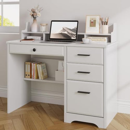 4 EVER WINNER White Desk with Drawers, 44 Inch Small Computer Desk with File Drawer and Monitor Stand, Wood Desk with Storage Shelf for Small Spaces, Living Room, Bedroom, White - color: Pure White