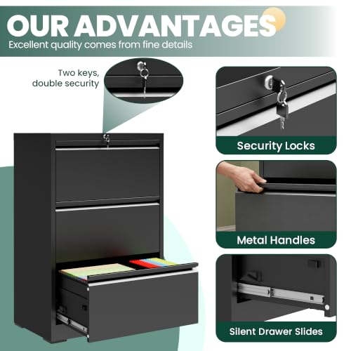 3 Drawer Lateral File Cabinet with Lock, File Cabinet for Home Office,Black | Heavy-Duty Steel Locking File Cabinet, Hanging Letter/Legal/A4 Size, Full-Extension Silent Drawer, Un-Assembly - color: Black, size: 3 Drawers