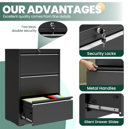 3 Drawer Lateral File Cabinet with Lock, File Cabinet for Home Office,Black | Heavy-Duty Steel Locking File Cabinet, Hanging Letter/Legal/A4 Size, Full-Extension Silent Drawer, Un-Assembly - color: Black, size: 3 Drawers