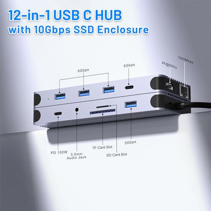 12-in-1 USB C Hub with M.2 SSD Enclosure – Expand Your Laptop with 4K/60Hz HDMI, 1Gbps Ethernet & Dual Storage (NVMe/SATA), USB 3.0/USB-C (5Gbps)–Works with MacBook Pro, Perfect for Multi-Tasking - size: 12 in 1 Support SATA & NVMe