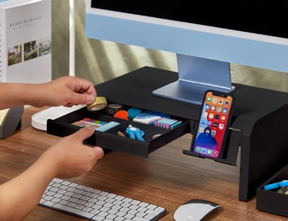 Bostitch Konnect Adjustable Monitor Riser with Drawer & Cell Phone Holder, Laptop Stand for Desk, 4 Height Levels, Cable Management & Rubber Feet - color: Black, style: Deluxe Laptop Stand