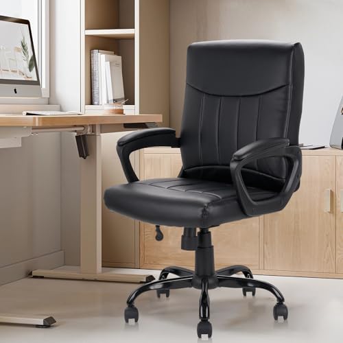 CLATINA Mid Back Leather Office Executive Chair with Lumbar Support and Padded Armrestes Swivel Adjustable Ergonomic Design for Home Computer Desk - color: Black, size: 1 Pack