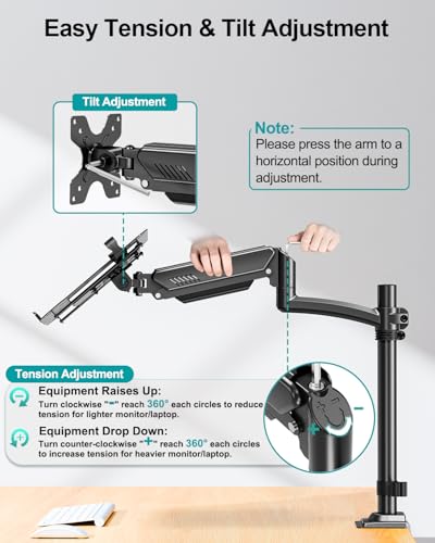 MOUNT PRO Laptop Arm Desk Mount for Max 22lbs 17" Laptop & Max 32" Monitor | Single Monitor Arm with VESA Laptop Tray, Full Motion Laptop Arm with Adjustable Angle, Swivel Notebook Bracket VESA 75/100mm - size: With Pole