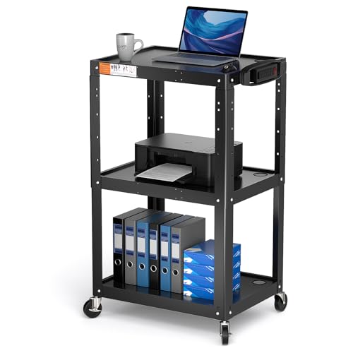 3 Shelf Metal Utility Cart with Wheels & Power Strip - Steel Mobile AV Cart for Video Projector, TV, Laptop, Computers, Printers - Height Adjustable Media Carts for Office Classroom Warehouse - style: AV Cart without Keyboard Tray (AV-JS)