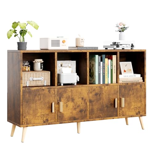 8-Cube Storage Organizer with Doors & 5 Solid Wood Legs, Mid-Century Modern Bookshelf with Seamless Top, Horizontal Cubby Toy Storage for Kids, Sideboard Media Console fits 11" Bins, Rustic Brown - color: Rustic Brown, size: 8-Cube with Door